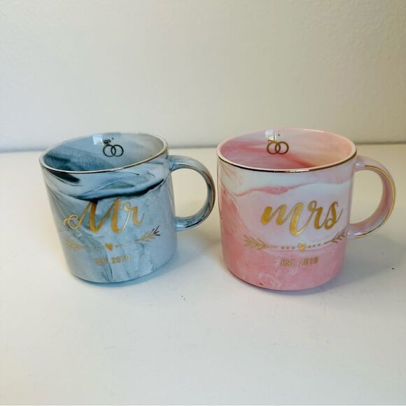 Vilight Home Mr. And Mrs. Est. 2019 Pink And Gray Marbled Mugs Set Of 2 12 Oz - Picture 1 of 6